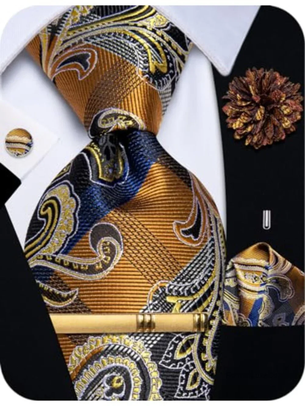Mens Silk Necktie Set with Pocket Square, Cufflinks, Tie Clip, Lapel Pin